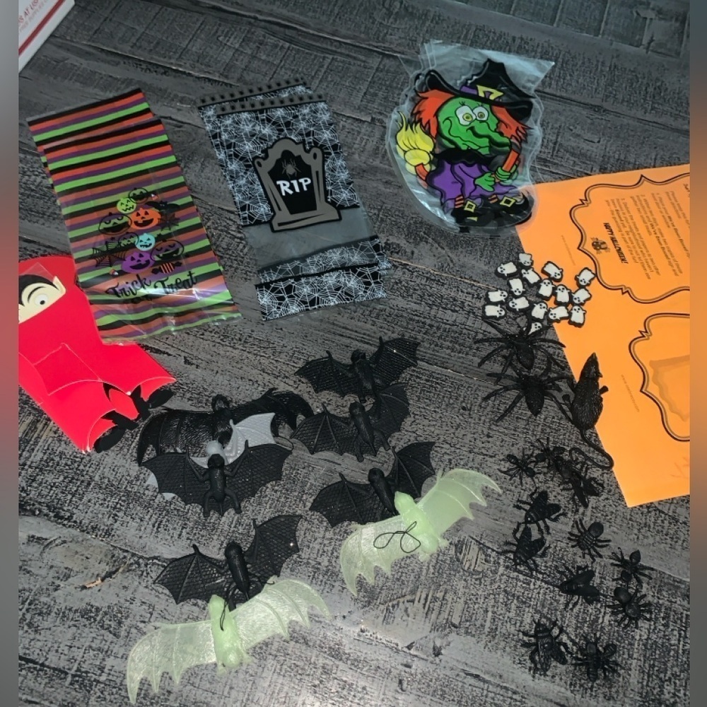 Halloween Goodie Baggies, plastic bats, erasers, plastic bugs